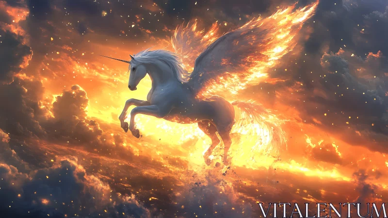 Celestial unicorn erupts from flaming clouds at twilight&rsquo;s rim