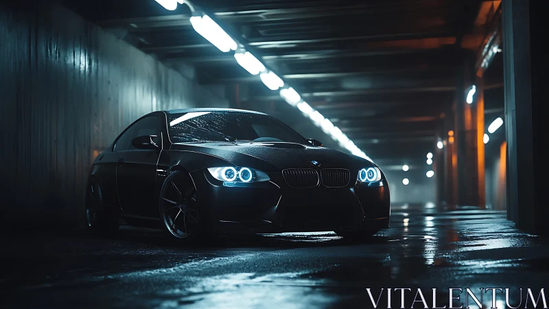 Wet asphalt night shot of black BMW coupe with blue halos