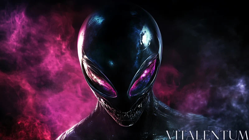 Alien creature portrait with glowing eyes in colored mist.