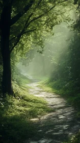 Forest path filtered in golden-green light beneath tree canopy
