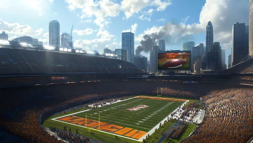 High-capacity urban stadium rendering with illuminated NFL field.