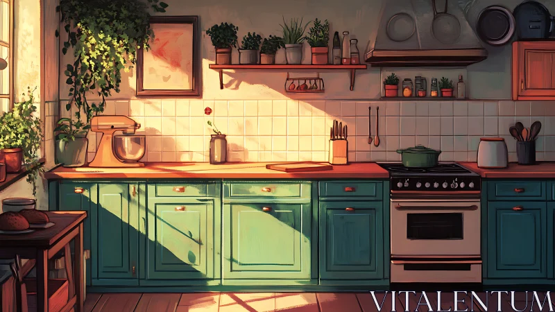 Sunlit cozy kitchen with teal cabinets and growing herbs.