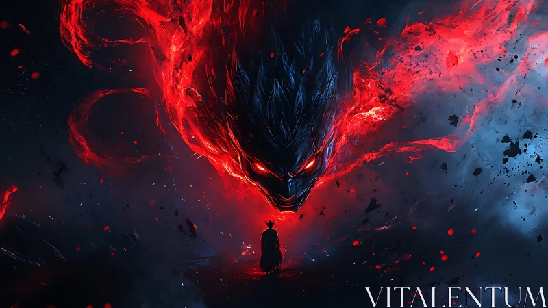 Infernal spectral entity looming above lone cloaked warrior