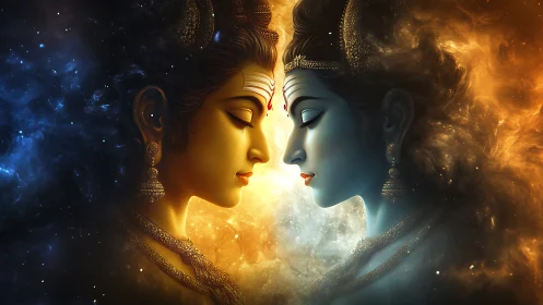 Divine dual portrait uniting fire, water, light, and cosmos.