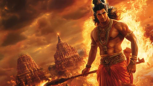 Fiery warrior strides before glowing temples under burning skies