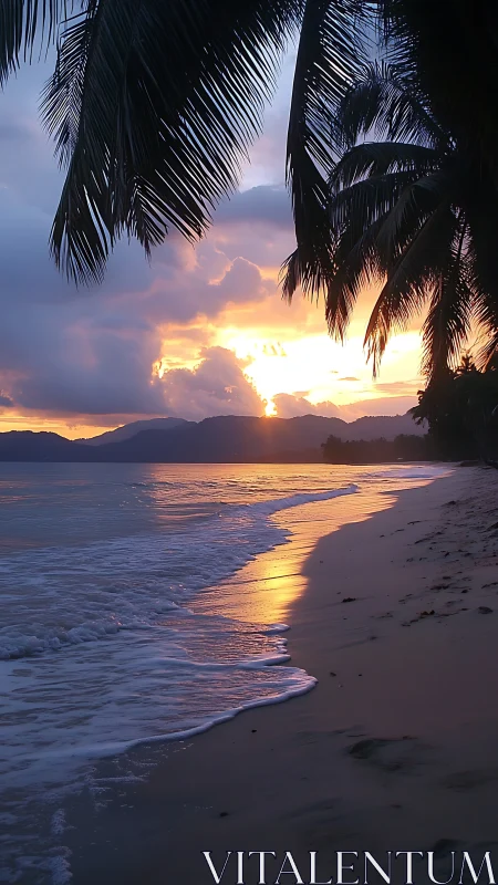 Tropical shoreline at dusk with palm silhouettes and tidal glow