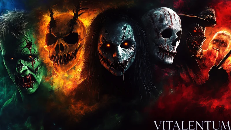 Row of demonic skull-faced entities emerges from chromatic fire clouds