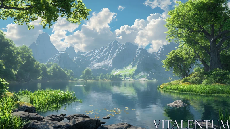 Mountain lake reflects bright sky and lush summer forest.