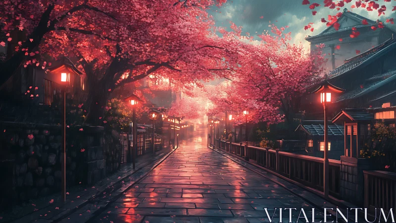 Cherry blossoms glow above a rainy lantern-lit street at dusk.