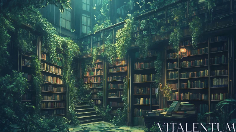 Overgrown indoor library with bookshelves and dense foliage.
