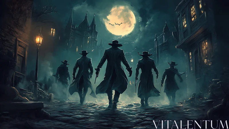 Five armed figures advance down foggy cobblestone street at night