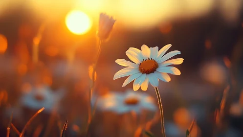 Daisy flower in sharp focus against warm sunset field.
