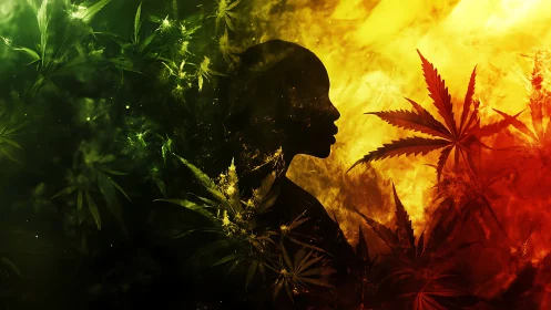 Silhouette in warm rasta colors with dreamy leafy glow.