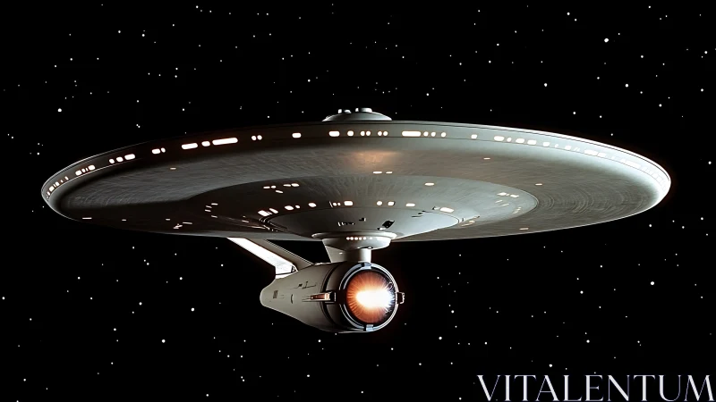 Starship with glowing engine cruising through deep space.