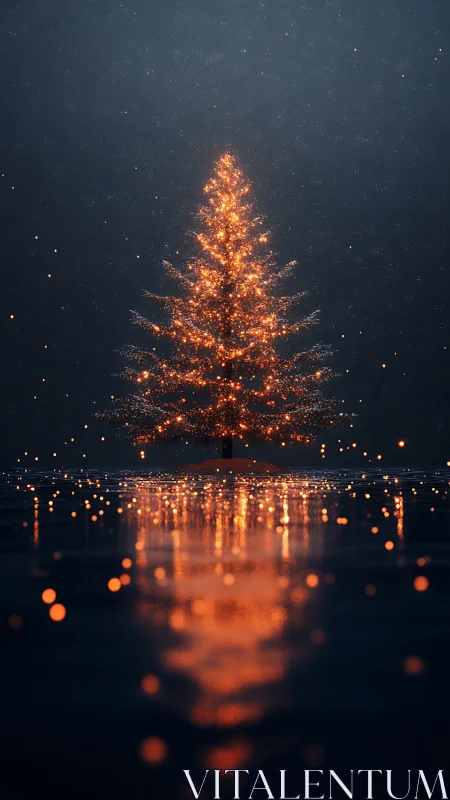 Spark-lit winter tree hums softly above its molten reflection