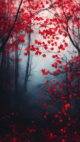 Crimson maple leaves blaze against a misty twilight forest