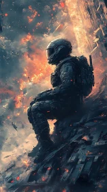 Solitary armored astronaut watches a burning sci fi horizon