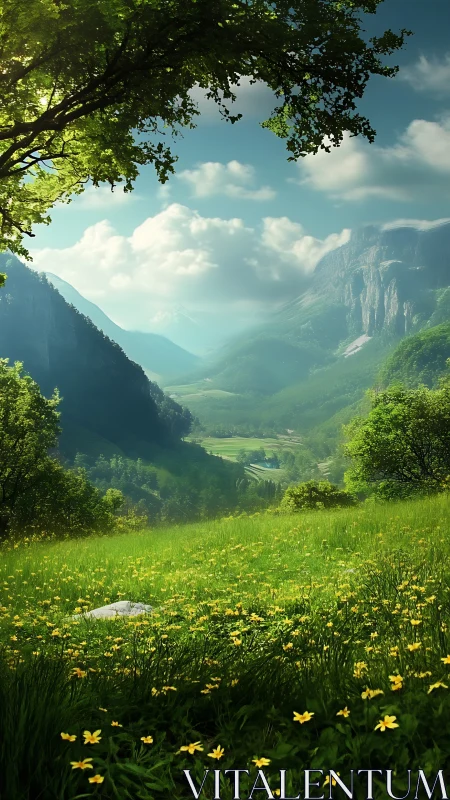 Layered alpine valley with luminous meadow depth mapping.