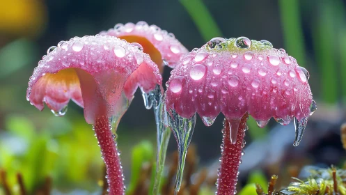Pink mushrooms under morning dew in extreme macro focus