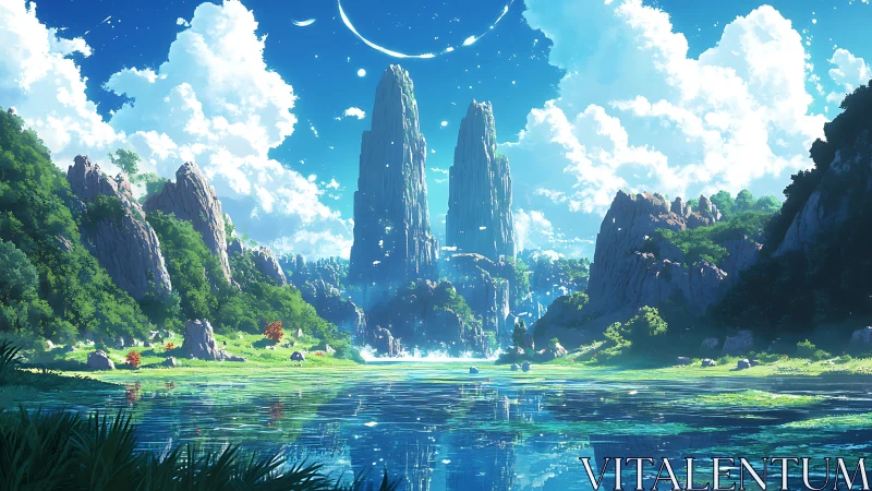 Sky-touched spires lean over a mirror lake of quiet magic