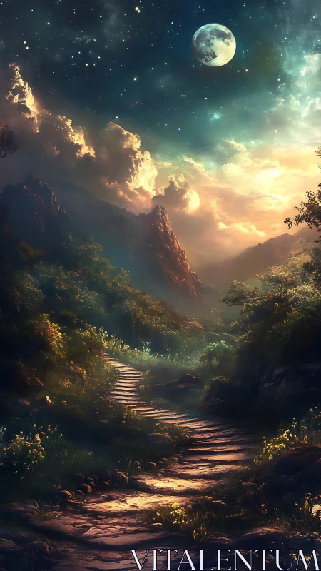 Moonlit mountain path invites a quiet, dreamlike journey