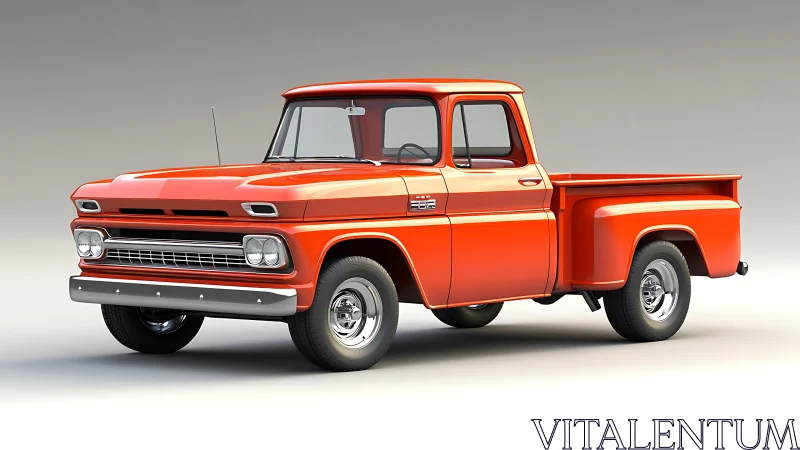 Rendered side-front view shows an orange classic pickup truck
