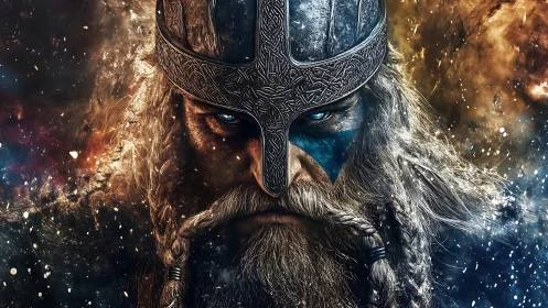 Storm-lit Viking warrior with fierce blue eyes and braids.