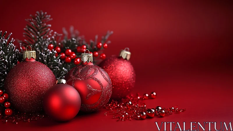 Red Christmas ornaments and berries on deep red background.