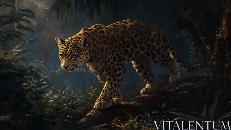 Golden Leopard Prowling Through Shadowed Jungle Depths.