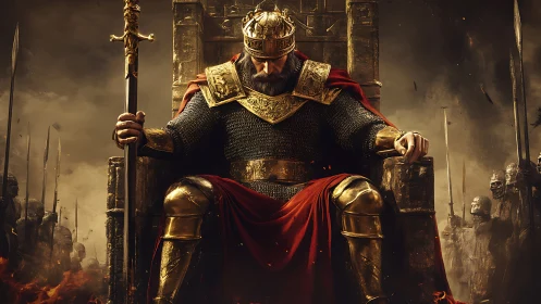 Armored warlord enthroned amid phalanx under embered skies.