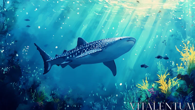 Whale shark glides through sunlit coral reef depths