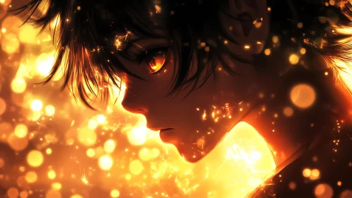 Backlit anime profile glows amid molten bokeh particles