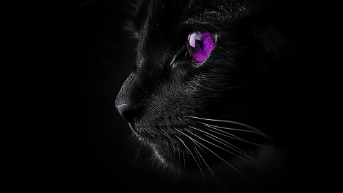 Black Cat Profile with Magenta Eyes Against Darkness.