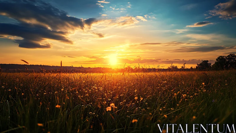 Sunset fire spills across a wildflower meadow horizon line.