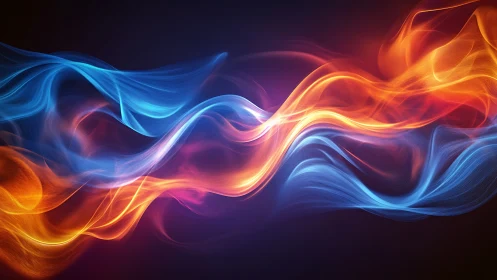 Flowing waves merge blue and orange in dark space.