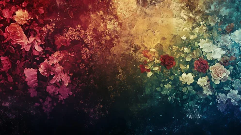 Floral blooms drift across a moody, textured twilight wall