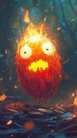 Flaming furry creature with shocked eyes in dark forest