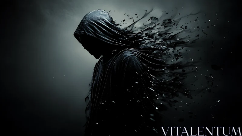 Hooded shadow unraveling into drifting midnight shards.