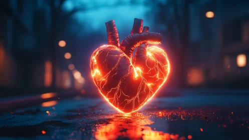Luminous cybernetic heart pulses on wet urban night street