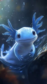 Blue axolotl underwater with glowing light and droplets.