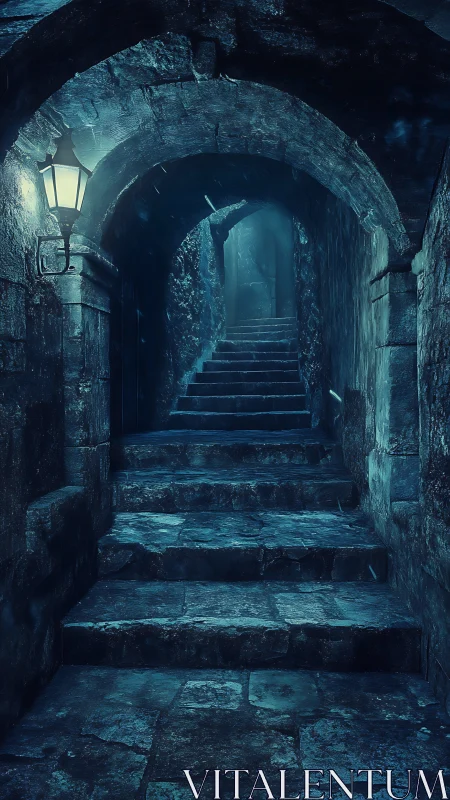 Narrow stone stair tunnel with moody blue light and lantern glow