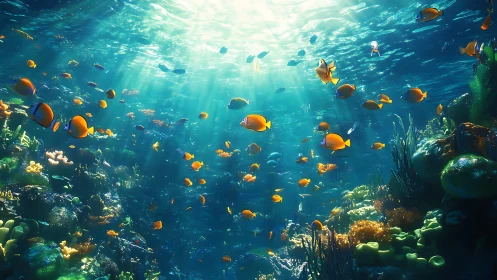 Sunlit tropical reef shimmers with colorful fish in motion