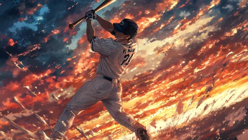Baseball batter swings under blazing orange sunset sky.