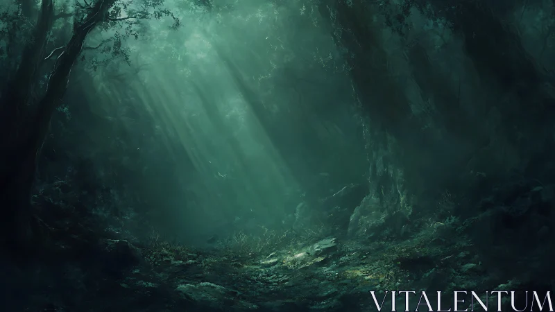 Verdant Cathedral: Light Pierces Ancient Forest Gloom.