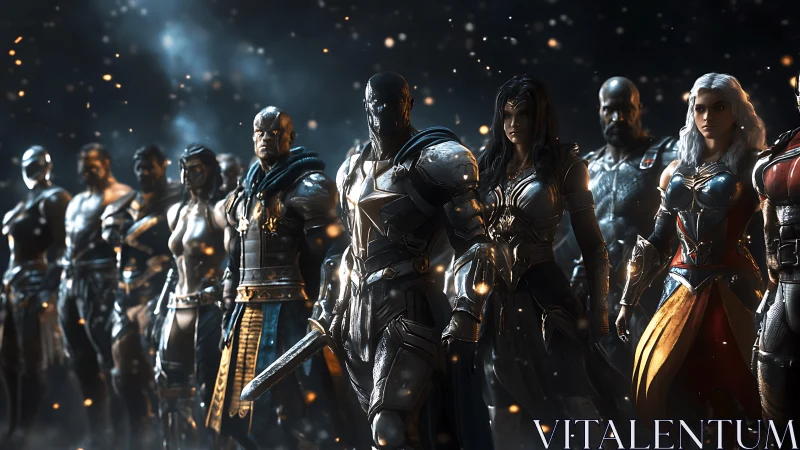 Armored fantasy warriors stand in formation amid glowing embers