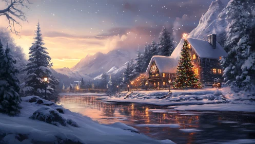 Snow-covered riverside cabins are depicted at winter dusk