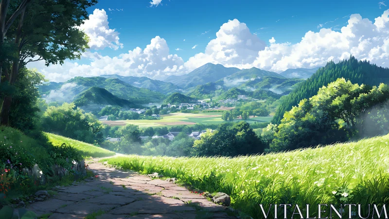 Sunlit rural valley rendered in high-detail anime landscape art