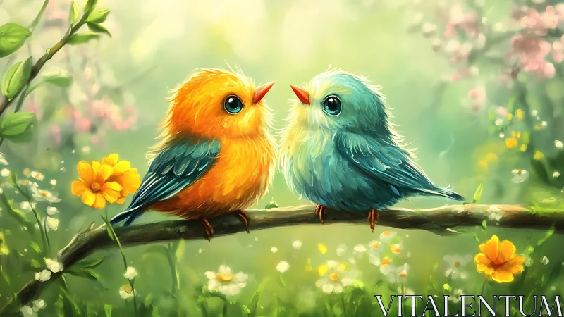 Two Cute Colorful Birds on a Flowering Branch, Digital Art Style.