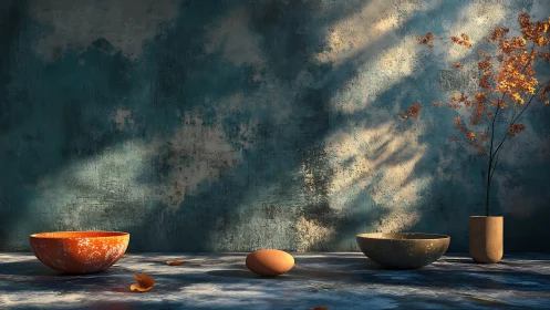 Gentle morning light over quiet bowls and golden branches.