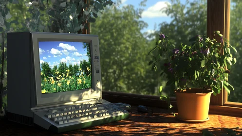 Vintage desktop glowing beside sunlit potted plant by window.